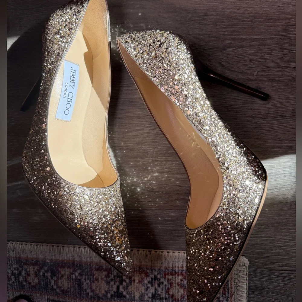 Jimmy Choo Classic Sparkling Glitter Gold Abel Heels - Picture 3 of 12